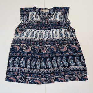 Ann Taylor Loft Boho Flutter Sleeve Gathered V-Neck in Blue, White & Pink, XSP